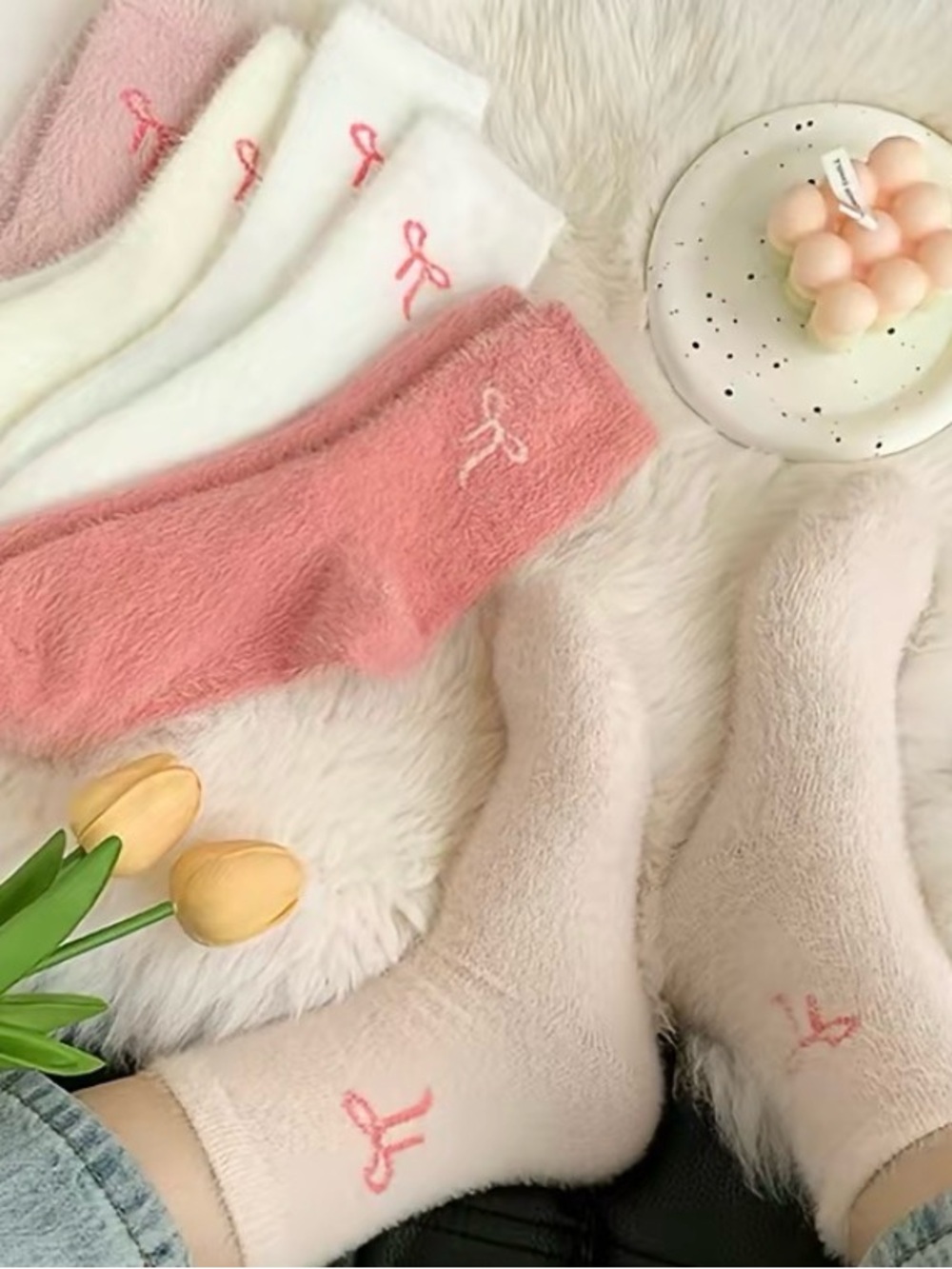 Amazon Essentials Plush Ankle Socks in Pink, White, and Blush